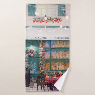 Christmas cafe bakery exterior with Christmas deco Bath Towel