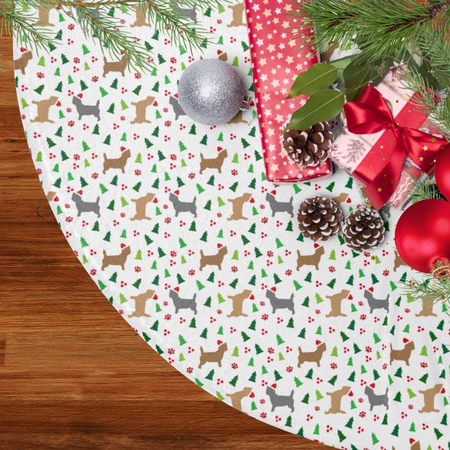 Christmas Cairn Terriers in Santa Hats White Brushed Polyester Tree Skirt (Cairn Terriers in Santa Hats Christmas Tree Skirt in White)