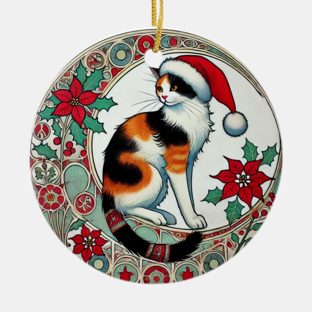 Christmas Calico Cat Santa                         Ceramic Ornament (Front)