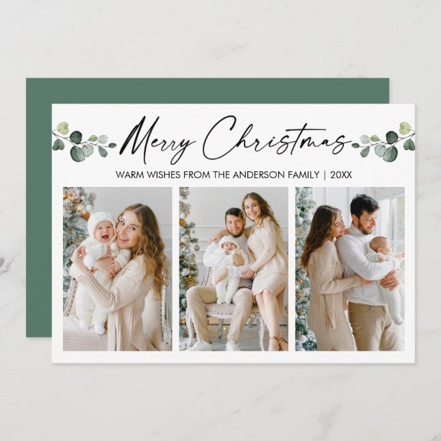 Christmas Calligraphy Ink Watercolor Eucalyptus Holiday Card (Front/Back)