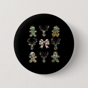 Christmas Camo Coquette Bow Gingerbread Reindeer H 6 Cm Round Badge