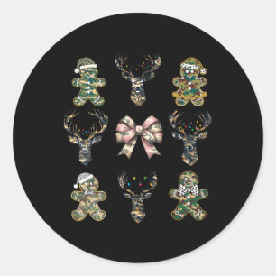 Christmas Camo Coquette Bow Gingerbread Reindeer H Classic Round Sticker