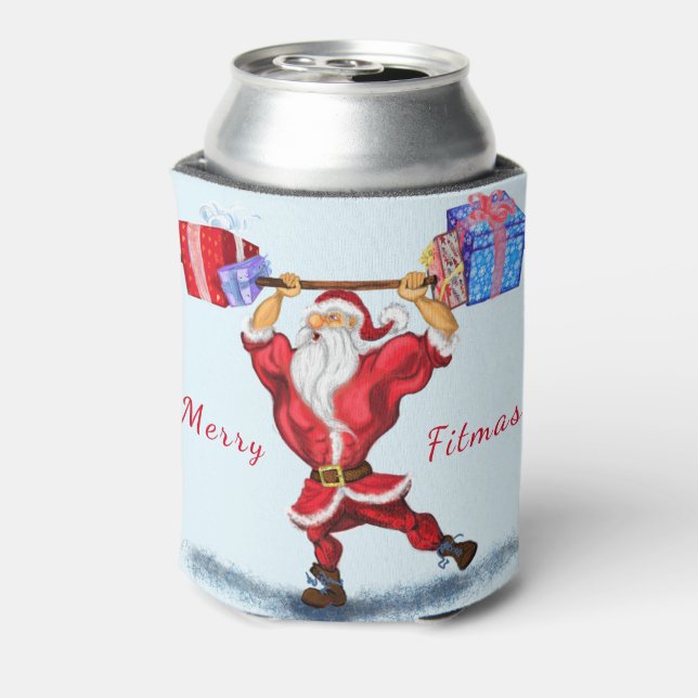 Christmas Can Cooler Bodybuilder Santa with Gifts (Can Back)