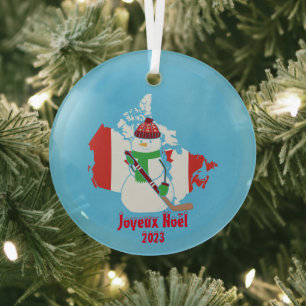 Christmas Canadian Flag Snowman Glass Tree Decoration