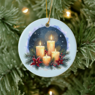 Christmas Candle Glow with Poinsettias Ceramic Ornament