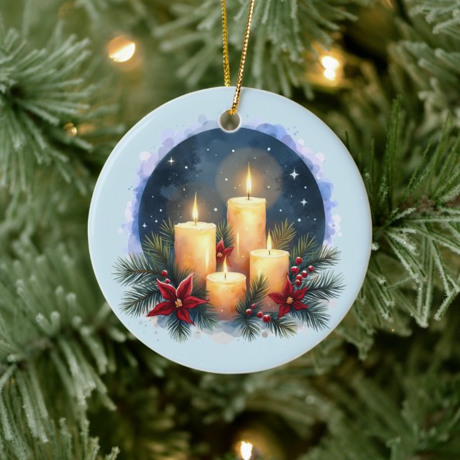 Christmas Candle Glow with Poinsettias Ceramic Ornament (Tree)