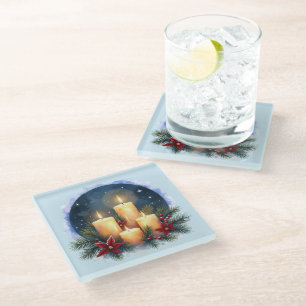 Christmas Candle Glow with Poinsettias Glass Coaster