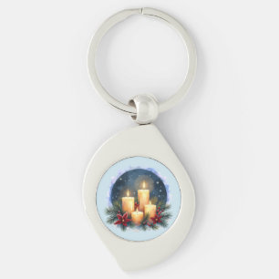 Christmas Candle Glow with Poinsettias Key Ring