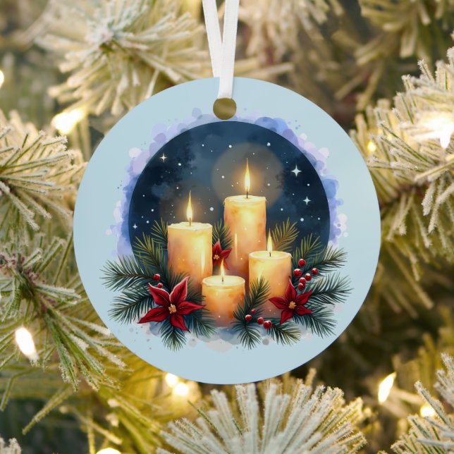 Christmas Candle Glow with Poinsettias Metal Tree Decoration (Insitu)