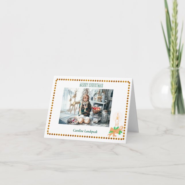 Christmas Candle & Gold Dots with Photo Holiday Card (Front)