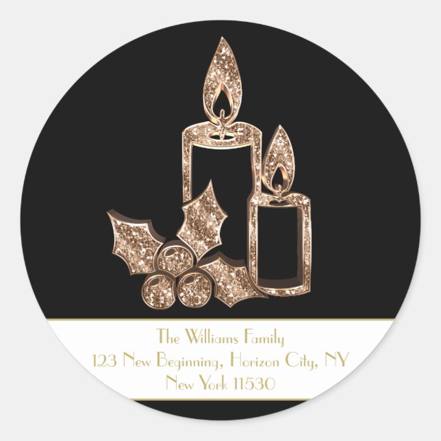 Christmas Candle Holly Black and White Gold Script Classic Round Sticker (Front)