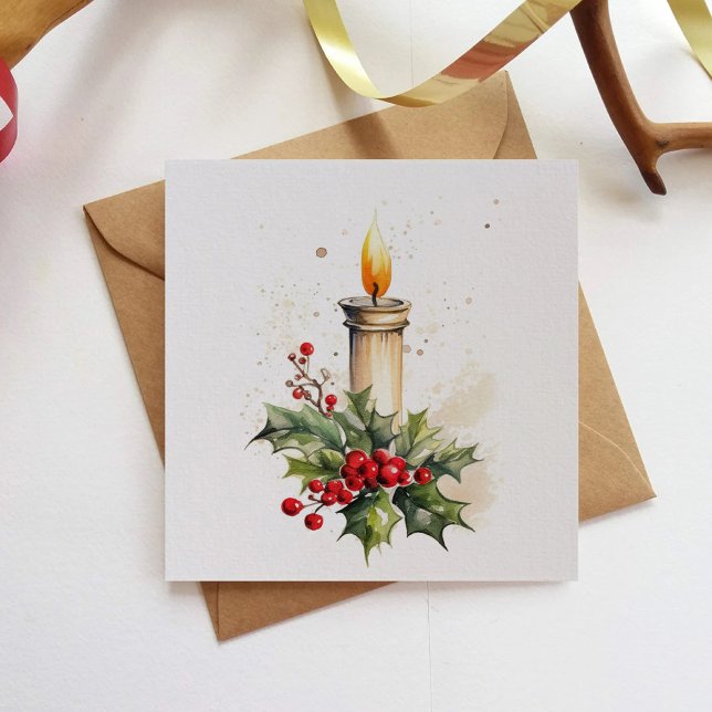 Christmas Candle Holly Leaves And Berries Painting Holiday Card (Creator Uploaded)