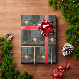 Christmas Candle In Farmhouse Window Wrapping Paper