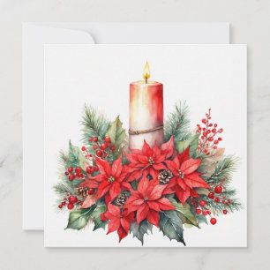 Christmas Candle, Red Poinsettia Flowers, Berries Holiday Card
