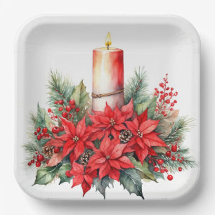 Christmas Candle, Red Poinsettia Flowers, Berries Paper Plate