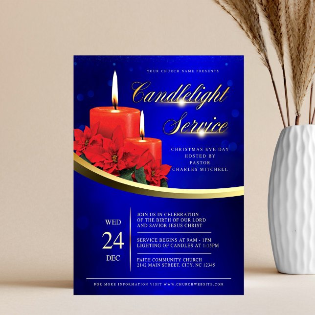 Christmas Candlelight Poinsettia Blue Church Flyer (Creator Uploaded)