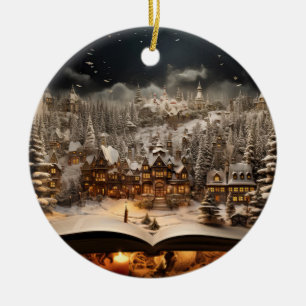 Christmas Candlelit Storybook Mountain Village Ceramic Ornament