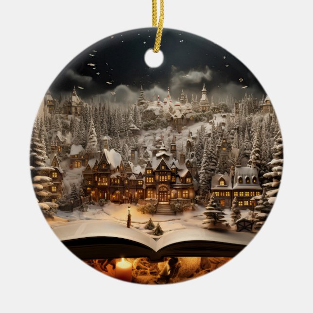 Christmas Candlelit Storybook Mountain Village Ceramic Ornament (Front)