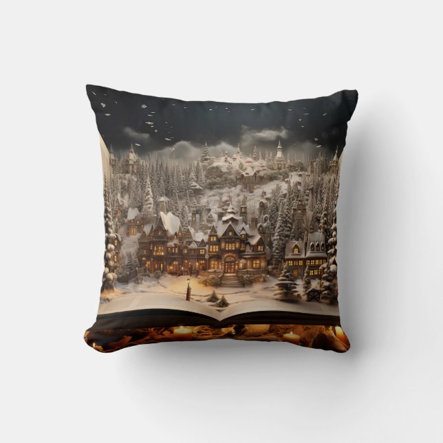 Christmas Candlelit Storybook Mountain Village Cushion (Front)