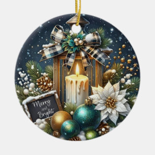 Christmas Candles and poinsettas Ceramic Ornament