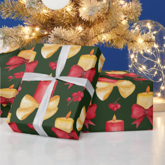 Christmas Candles, Berries and Ribbons  Wrapping Paper