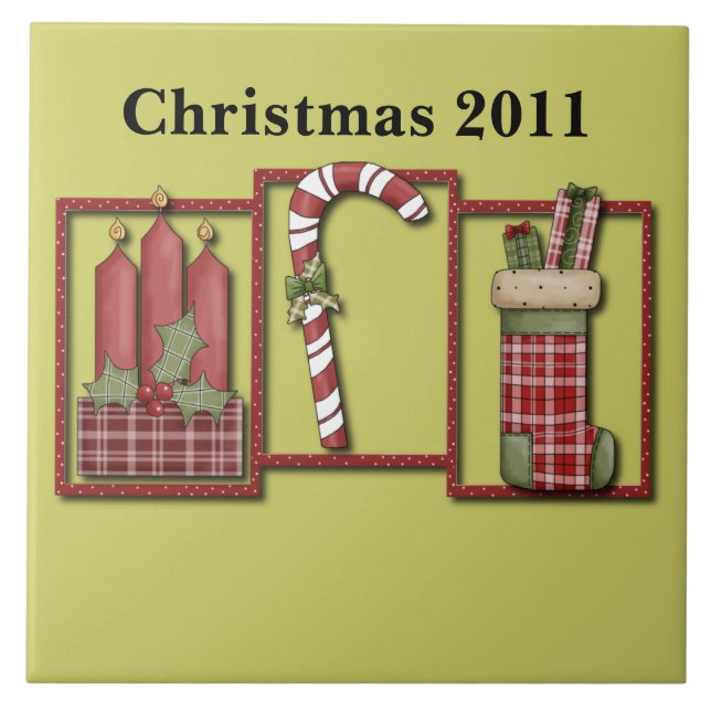 Christmas Candles, Candy Cane & Stocking Ceramic Tile (Front)