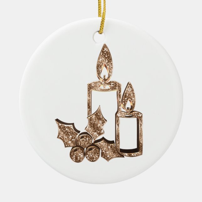 Christmas Candles Holly Elegant Gold and White Ceramic Ornament (Front)