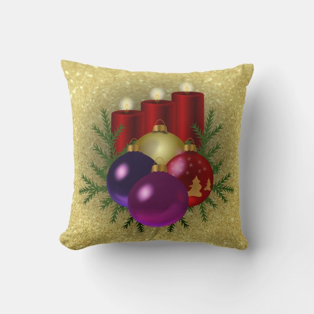 Christmas Candles & Ornaments Gold Faux Glitter Cushion (Front)