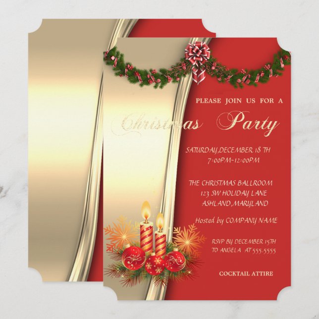 Christmas Candles,Red Gold Corporated Party Invitation (Front/Back)