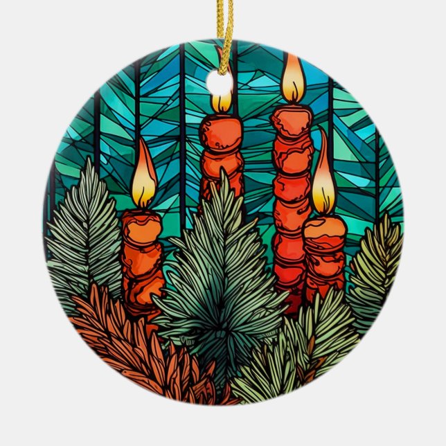 Christmas Candles stained glass style Ceramic Ornament (Front)