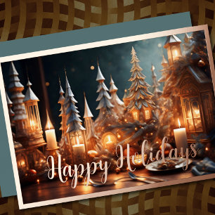 Christmas Candles Village Grey Tablescape Foil Holiday Card
