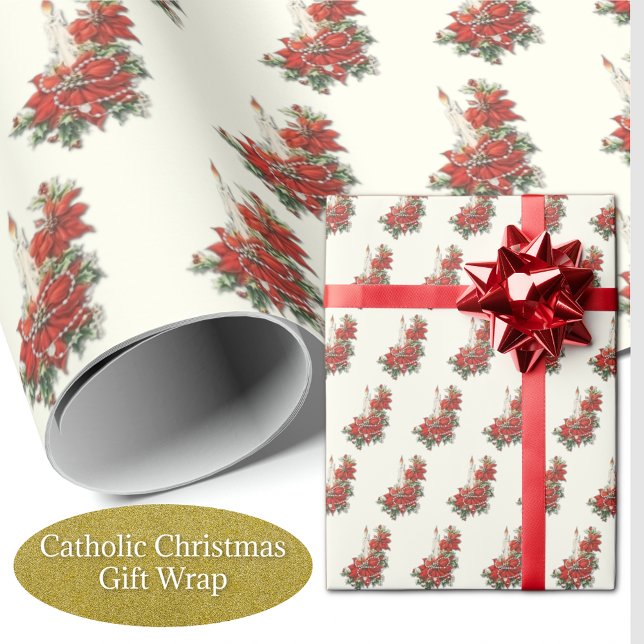 Christmas Candles with Rosary and Poinsettias Wrapping Paper (Traditional Catholic Christmas Poinsettia with candle and holy rosary)