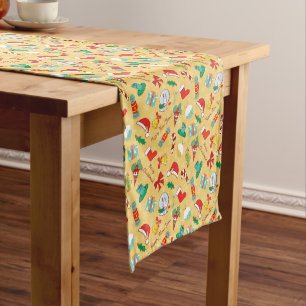 Christmas candy,bells and santa hat short table runner