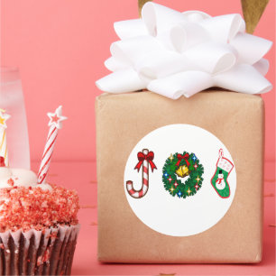 Christmas Candy cane Bells wreath Snowman Sock JOY Classic Round Sticker
