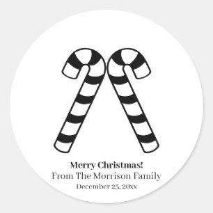 Christmas candy cane black white custom name favou classic round sticker