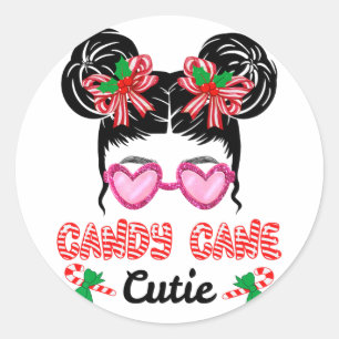 Christmas Candy Cane Cutie Messy Bun Girls Kids Xm Classic Round Sticker