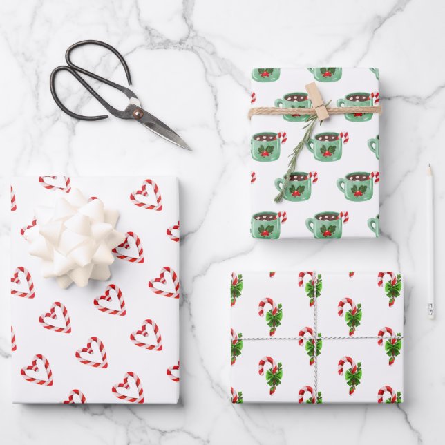 Christmas Candy Cane Heart Cocoa Holiday Fun Wrapping Paper Sheet (Front)