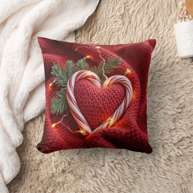 Christmas Candy Cane Heart With Lights Cushion (Blanket)