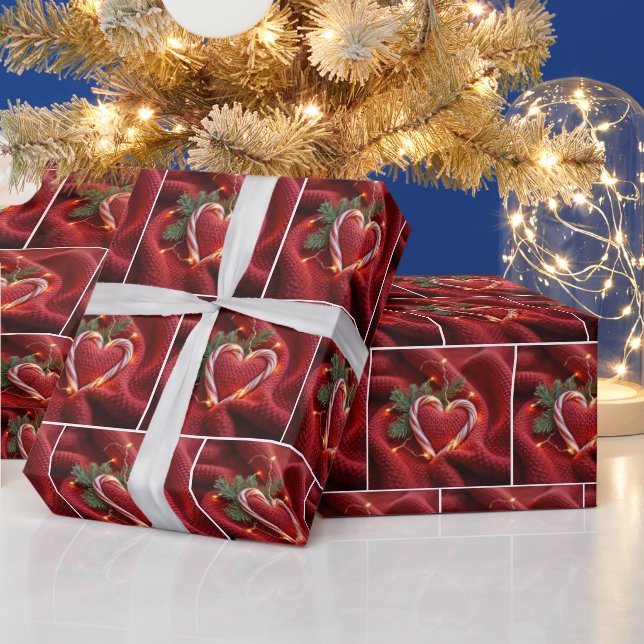 Christmas Candy Cane Heart With Lights Wrapping Paper (Holidays)