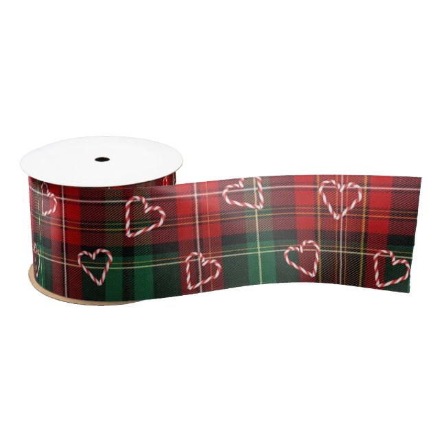 Christmas Candy Cane Hearts On Tartan Plaid Satin Ribbon (Spool)