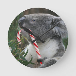 Christmas Candy Cane Koala Round Clock