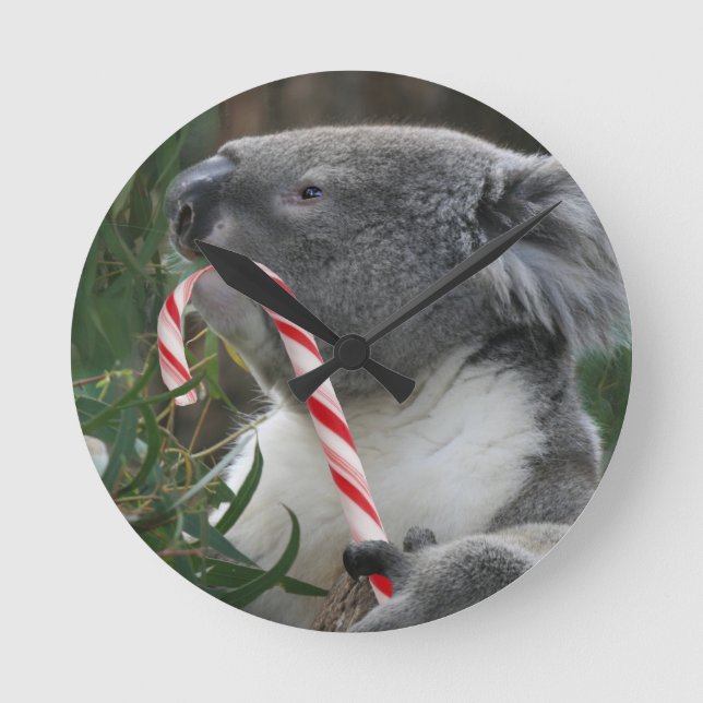 Christmas Candy Cane Koala Round Clock (Front)