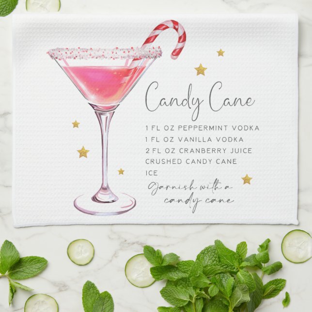 Christmas Candy Cane Martini Recipe Watercolor Tea Towel (Folded)