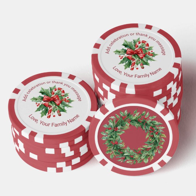 Christmas Candy Cane Mistletoe Custom Text Red Poker Chips (Stack)