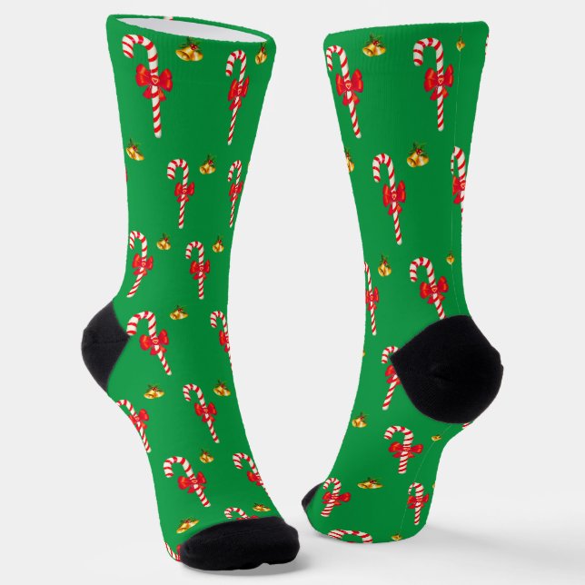 Christmas Candy Cane Pattern on Green Socks (Angled)
