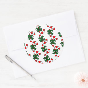 Christmas Candy Cane Pattern with Green Bows Classic Round Sticker