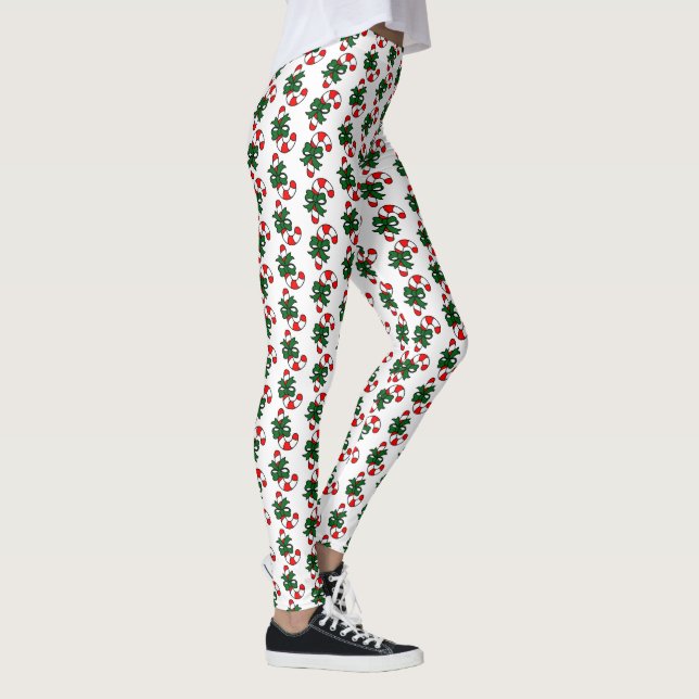 Christmas Candy Cane Pattern with Green Bows Leggings (Right)