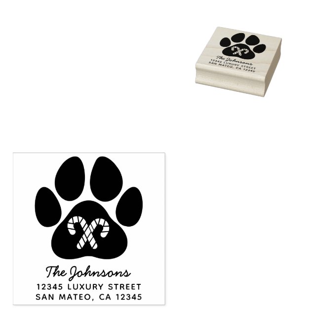Christmas Candy Cane Paw Print Holiday Address Rubber Stamp (Stamped)