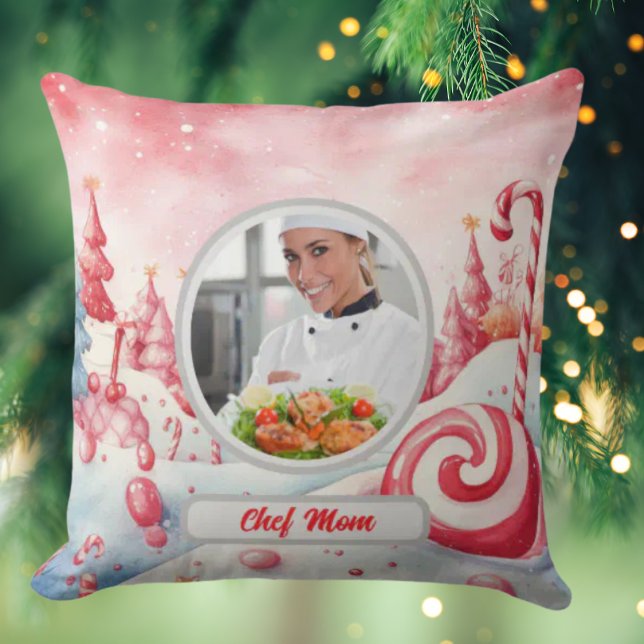 Christmas Candy Cane Personalised Chef Mum Photo Cushion (Creator Uploaded)
