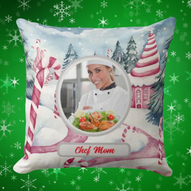Christmas Candy Cane Personalised Chef Mum Photo Cushion (Creator Uploaded)